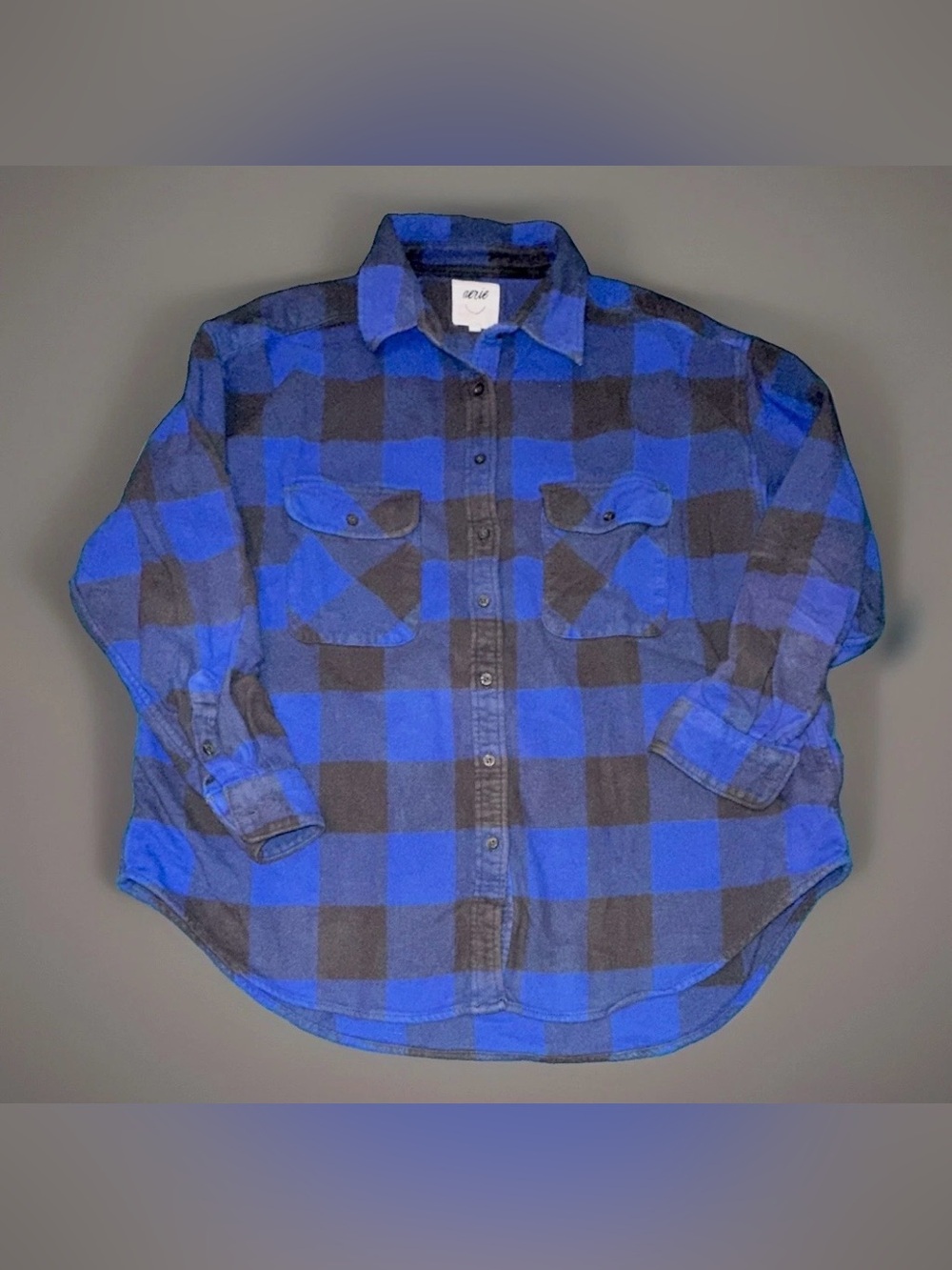 Aerie M Blue Black Oversized Plaid Flannel Cotton Pockets Long Sleeve Button Up